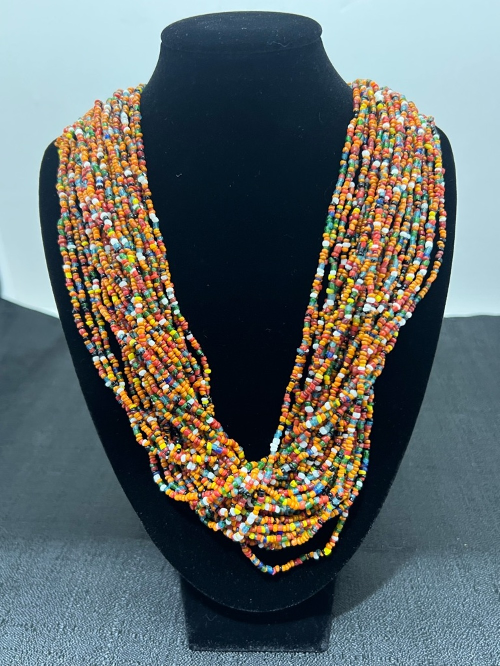 Multicolored Multistrand Glass Seed Bead Necklace Gold Tone 28 Inch